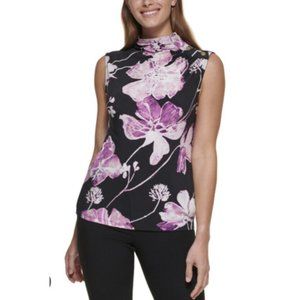 DKNY Sleeveless Floral-print Top In Blk/amethyst Shoulder Button Detail L